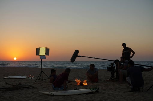 Camera crews and videographers filming a movie at the beach in Ashkelon, Israel.